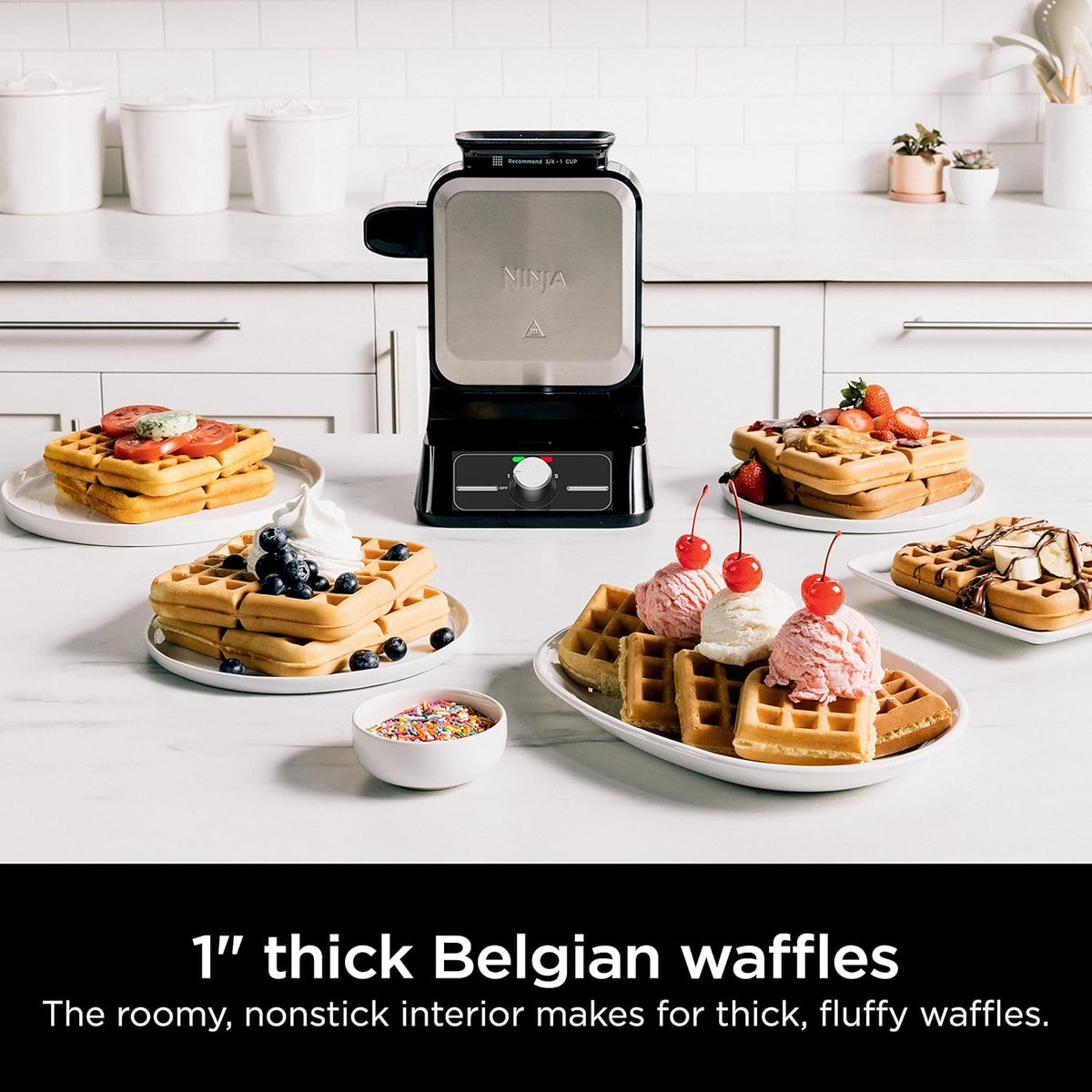 Ninja BW1000C Belgian Waffle Maker, Nonstick, 5 Shade Settings, Easy to Clean, Black/Silver, 12 inch - PuriLite
