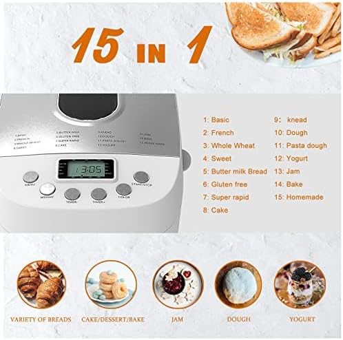 Davivy 3LB Bread Maker Machine with 2 Dough Kneading Paddle Dough Maker,15-in-1 Automatic Bread Machine Nonstick Bowl For Bread, Jam& Yogurt, 3 Loaf Sizes and 3 crust settings（silver） - PuriLite
