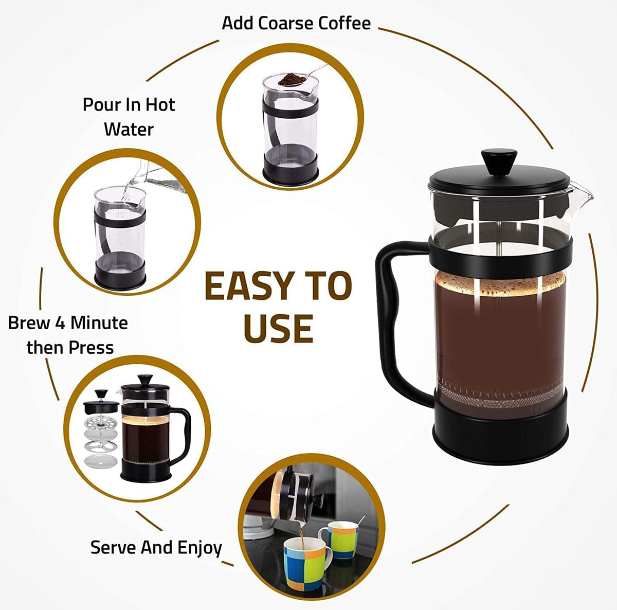 KICHLY - 34 Ounce French Press Espresso and Tea Maker with Triple Filters, Stainless Steel Plunger and Heat Resistant Borosilicate Glass, Black - PuriLite