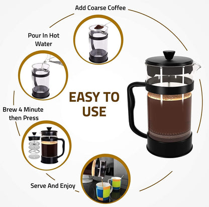KICHLY - 34 Ounce French Press Espresso and Tea Maker with Triple Filters, Stainless Steel Plunger and Heat Resistant Borosilicate Glass, Black - PuriLite