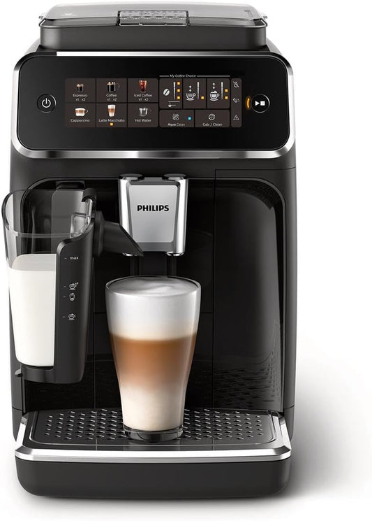 Philips Series 3300 Fully Automatic Espresso Coffee Machine - 6 Hot & Iced Drinks, LatteGo Milk System, 40% Quieter SilentBrew, Ceramic Grinder, Aquaclean Filter, Glossy Black (EP3341/50 - PuriLite
