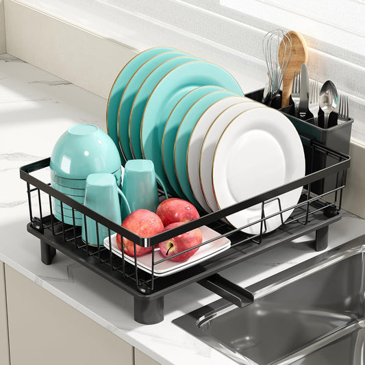 Qienrrae Dish Drying Rack with Drain Board for Kitchen Counter, Stainless Steel Large Dish Drainer with Detachable Utensil Holder, Durable Dish Rack Used in Sink and Sit on Countertop, Black - PuriLite