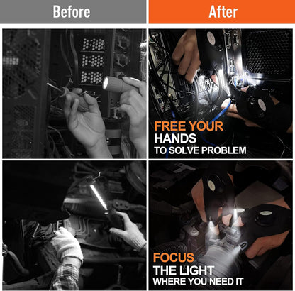 LED Flashlight Gloves for Hands-Free Lighting, Fingerless Work Gloves with Built-In Lights, Adjustable Utility Gloves for Camping, Repairs, and Low-Light Tasks - PuriLite