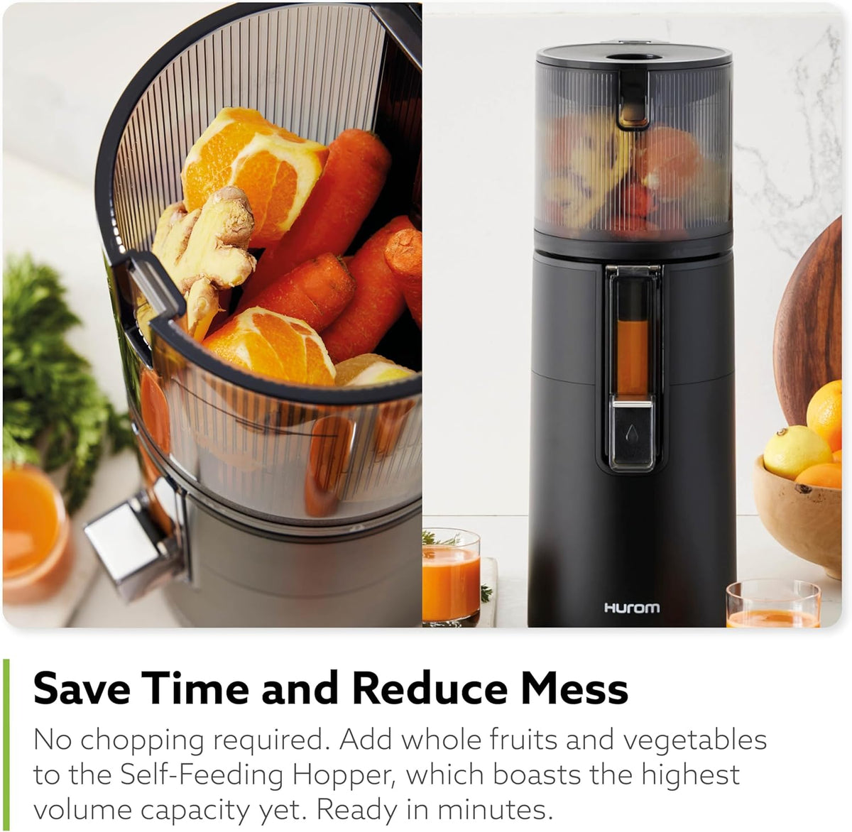 Hurom H400 Easy Clean Slow Juicer, Matte Black | Hands Free | Hopper Fits Whole Produce | Quiet Motor | Scrub Free Cleaning | BPA Free | Easy Assembly | Healthy Living | Cold Press Masticating Juicer - PuriLite