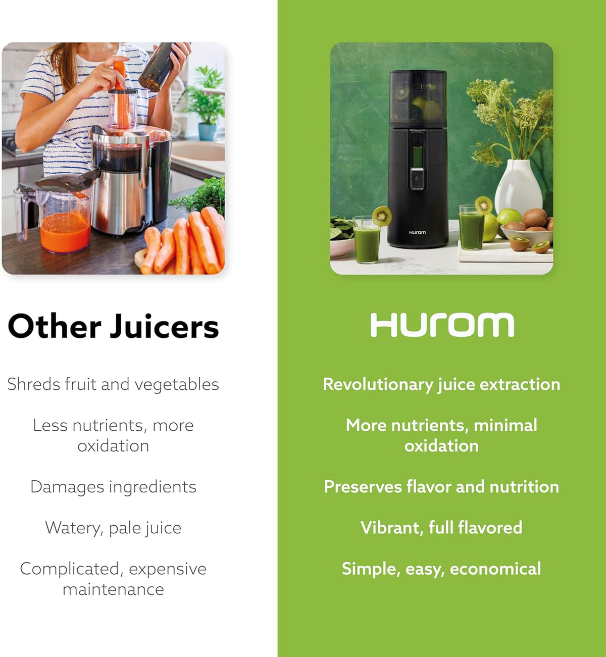 Hurom H400 Easy Clean Slow Juicer, Matte Black | Hands Free | Hopper Fits Whole Produce | Quiet Motor | Scrub Free Cleaning | BPA Free | Easy Assembly | Healthy Living | Cold Press Masticating Juicer - PuriLite