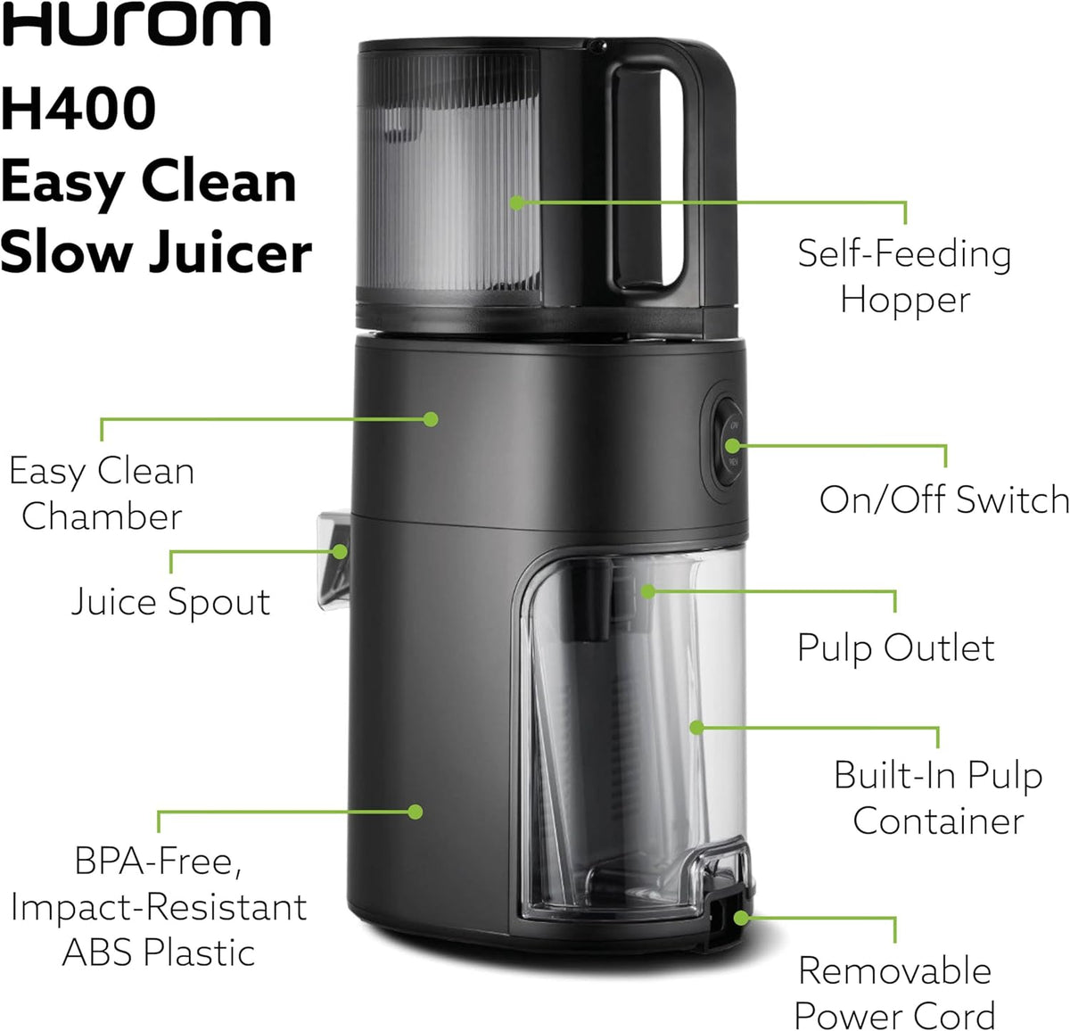Hurom H400 Easy Clean Slow Juicer, Matte Black | Hands Free | Hopper Fits Whole Produce | Quiet Motor | Scrub Free Cleaning | BPA Free | Easy Assembly | Healthy Living | Cold Press Masticating Juicer - PuriLite