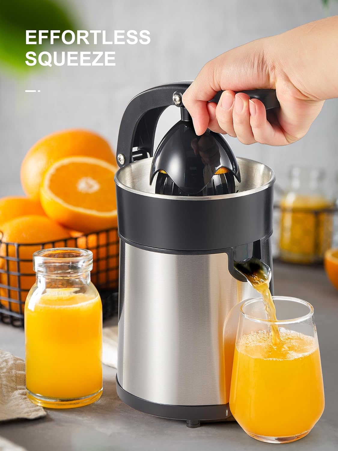 Reemix Electric Citrus Juicer Squeezer, Orange Juicer with Two Interchangeable Cones, Suitable for orange, lemon and Grapefruit, Brushed Stainless Steel, Easy to Clean and Use (Alloy Steel,Plastic) - PuriLite