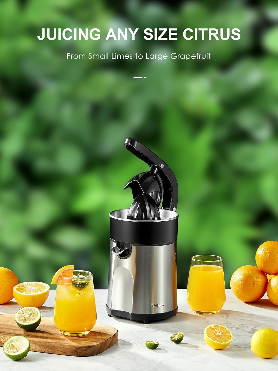 Reemix Electric Citrus Juicer Squeezer, Orange Juicer with Two Interchangeable Cones, Suitable for orange, lemon and Grapefruit, Brushed Stainless Steel, Easy to Clean and Use (Alloy Steel,Plastic) - PuriLite