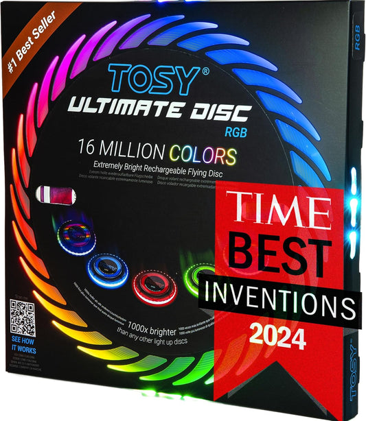 TOSY Flying Disc - 16 Million Color RGB or 36 LEDs, Extremely Bright, Smart Modes, Auto Light Up, Rechargeable, Cool Fun Christmas, Birthday & Camping Gift for Men/Boys/Teens/Kids, 175g Frisbee - PuriLite