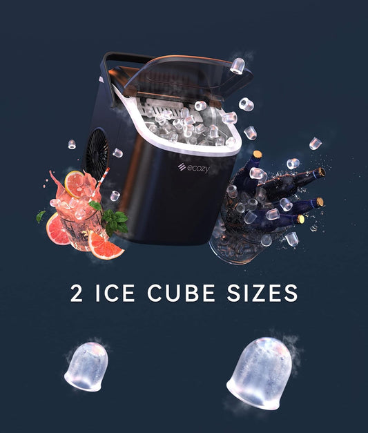 ecozy Portable Ice Maker Countertop, 9 Cubes Ready in 6 Mins, 26 lbs in 24 Hours, Self-Cleaning Ice Maker Machine with Ice Bags/Standing Ice Scoop/Ice Basket for Camping Party, Black - PuriLite