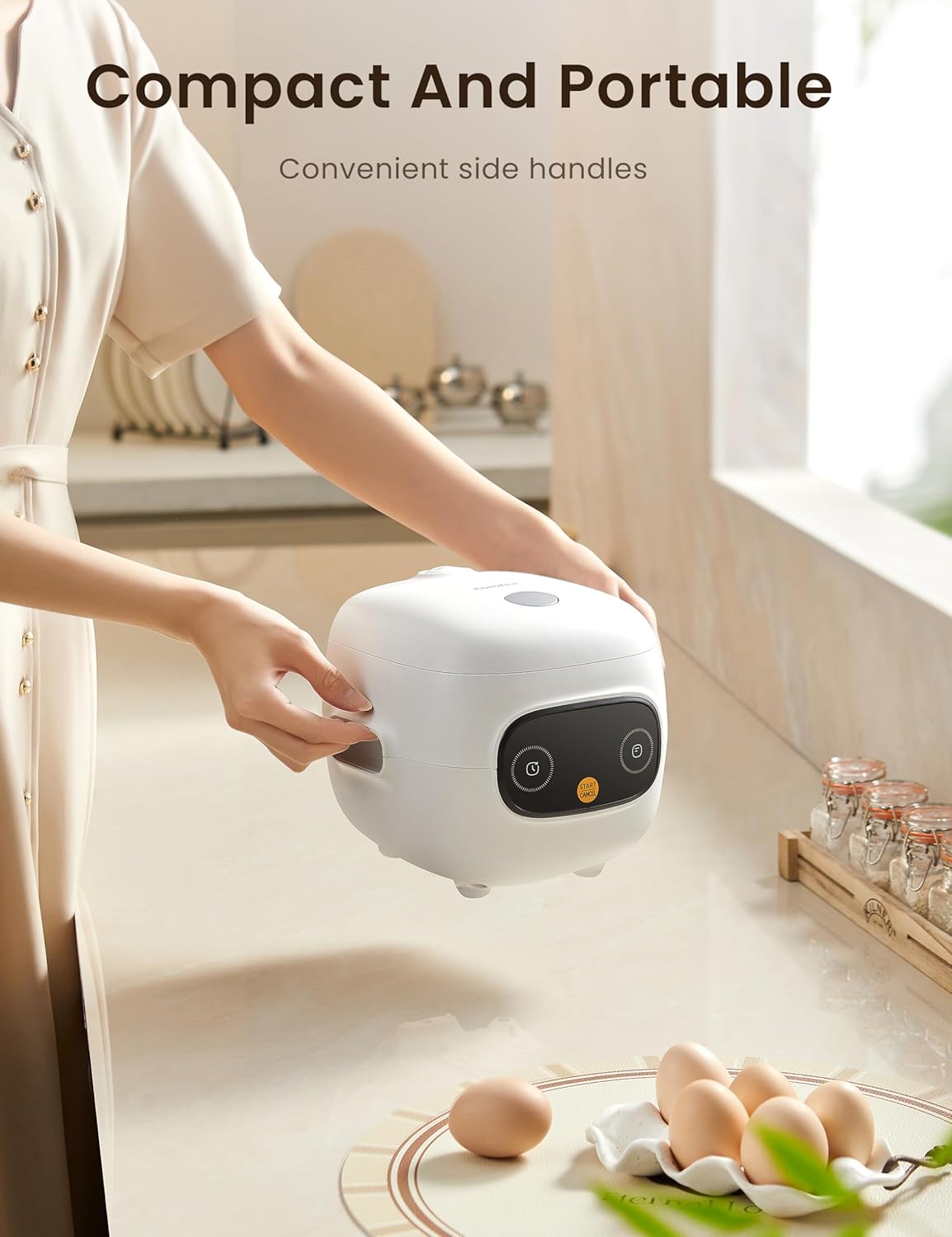 COMFEE' Mini Rice Cooker 4 Cups Cooked/2 Cups Uncooked, Portable Non-Stick rice maker, 24 hours Timer Delay, 6 Functions, Fast Cooker, Brown Rice, Oatmeal, White - PuriLite
