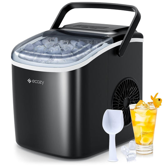 ecozy Portable Ice Maker Countertop, 9 Cubes Ready in 6 Mins, 26 lbs in 24 Hours, Self-Cleaning Ice Maker Machine with Ice Bags/Standing Ice Scoop/Ice Basket for Camping Party, Black - PuriLite