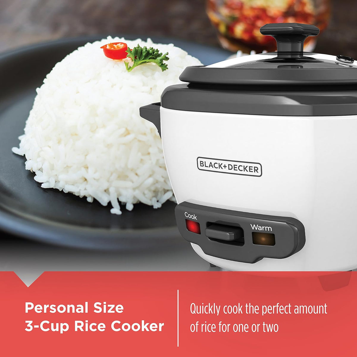 BLACK+DECKER 3-Cup Rice Cooker, 1.5-cup Uncooked Rice, 3 Cups Cooked, Steaming Basket, Removable Non-Stick Bowl, One Touch - PuriLite