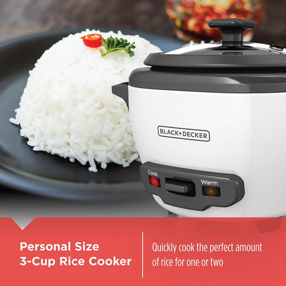 BLACK+DECKER 3-Cup Rice Cooker, 1.5-cup Uncooked Rice, 3 Cups Cooked, Steaming Basket, Removable Non-Stick Bowl, One Touch - PuriLite
