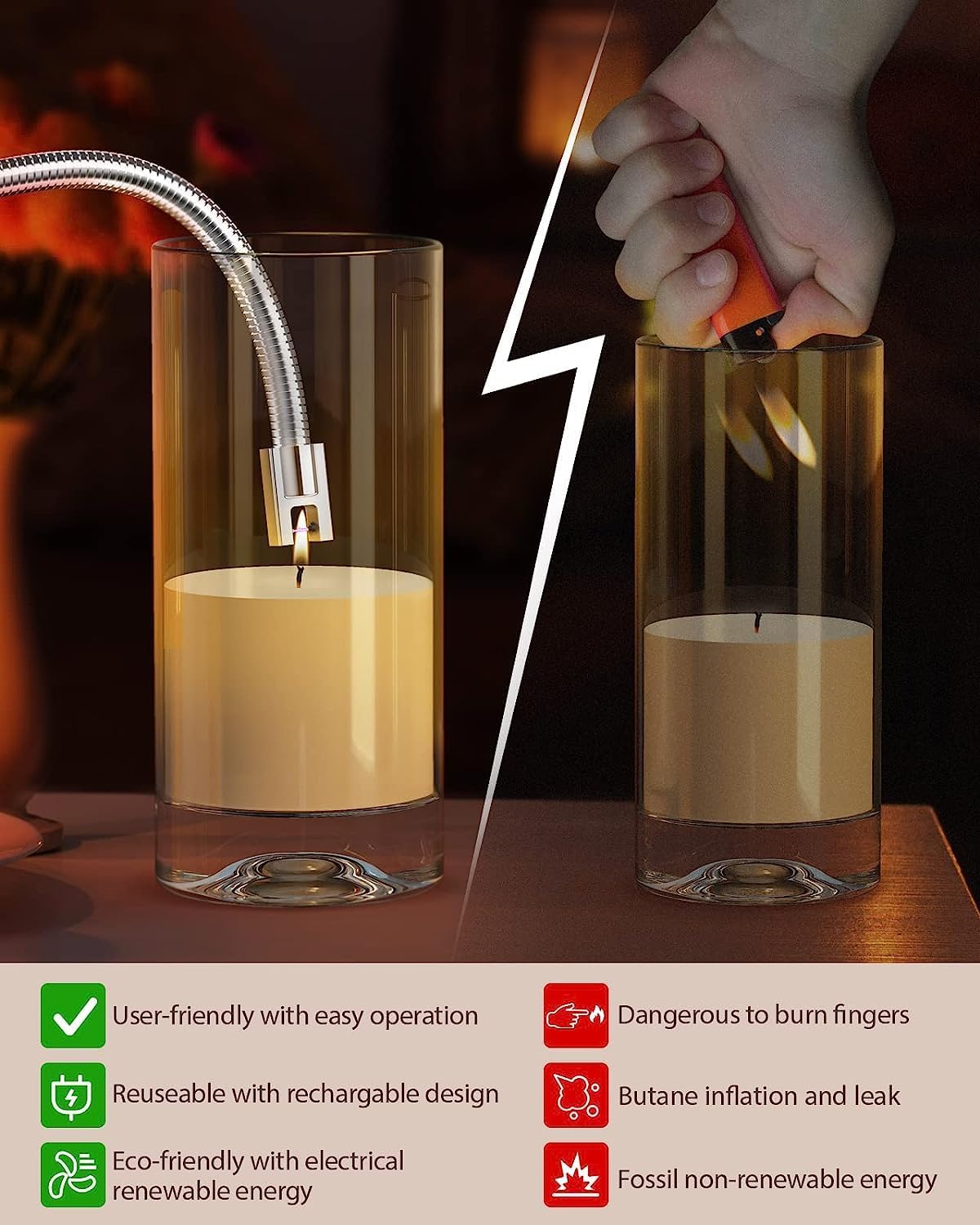 RONXS Electric Lighter, Candle Lighter Electric Type C Rechargeable Lighter with Battery Display, Longer Flexible Neck Windproof Plasma Arc Long Lighters for Candles Fireworks BBQ - PuriLite