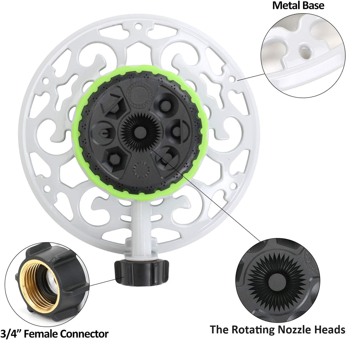 STYDDI Turret Sprinkler, 8-Pattern Stationary Metal Garden Sprinkler with QuickConnect Product Adapter for Small Areas, Gardens, or Odd Shaped Yards - PuriLite