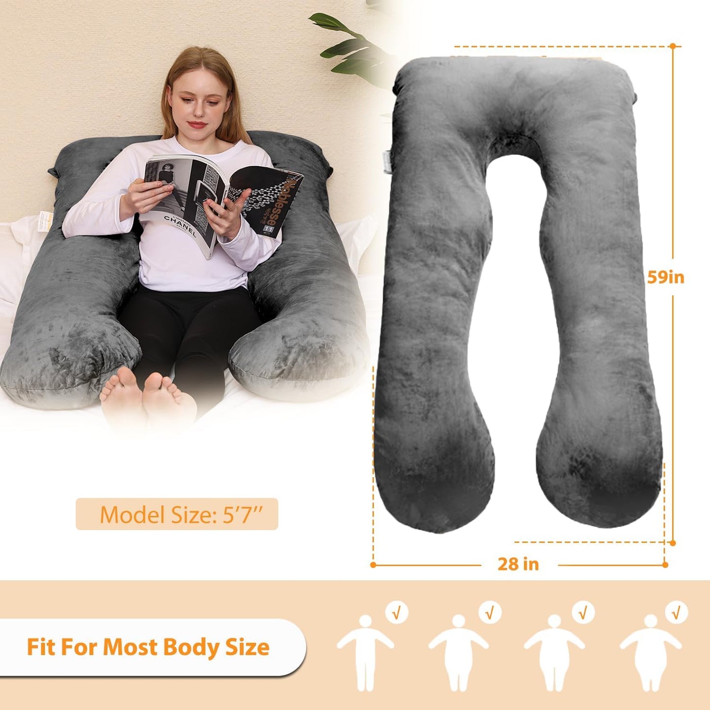 Chilling Home 59 Inch Pregnancy Pillow for Sleeping, Maternity Pillow for Pregnant Women, Full Body Pillow for Adults, Comfort U Shaped Pregnancy Pillow with Removable Washable Velvet Cover, Dark Grey - PuriLite