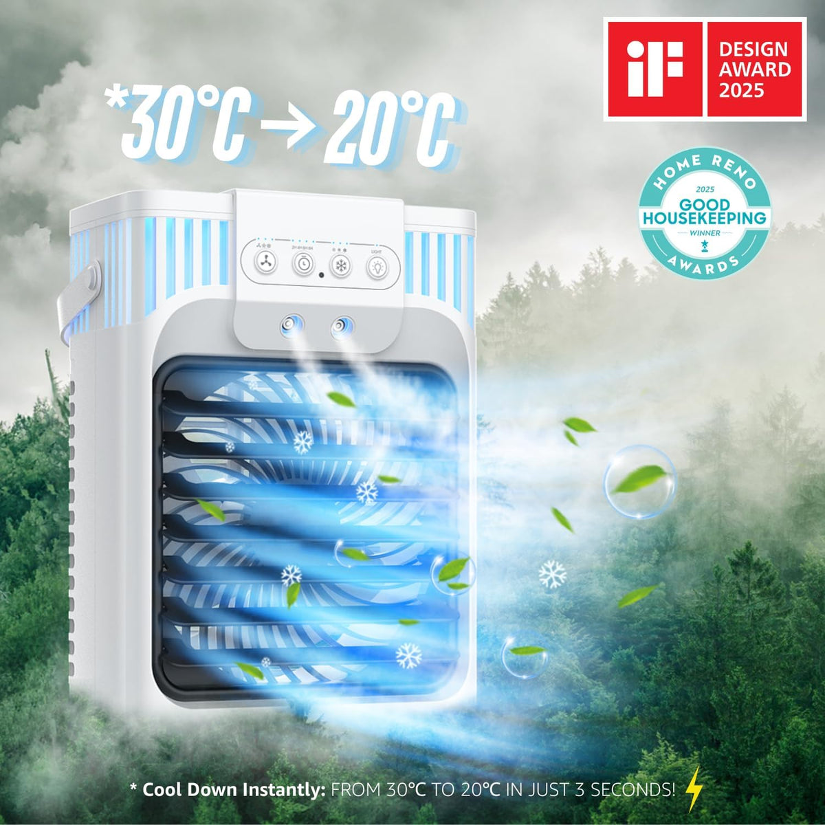 Portable Air Conditioner, Air Conditioner Portable with 3 Speeds, 3 Mist Settings, 1200ml XL Water Tank, 2~8h Timer, Portable Ac Unit, Small Mini Air Conditioner, Personal Air Cooler Fan for Bedroom - PuriLite
