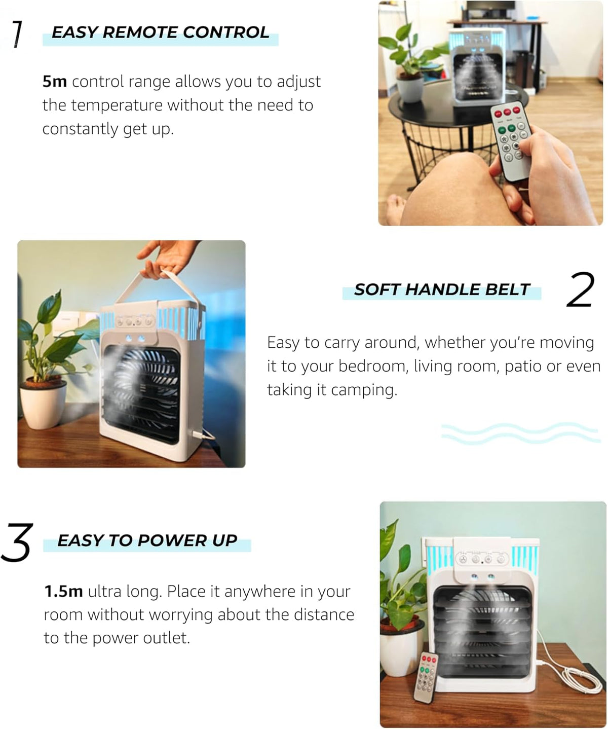Portable Air Conditioner, Air Conditioner Portable with 3 Speeds, 3 Mist Settings, 1200ml XL Water Tank, 2~8h Timer, Portable Ac Unit, Small Mini Air Conditioner, Personal Air Cooler Fan for Bedroom - PuriLite
