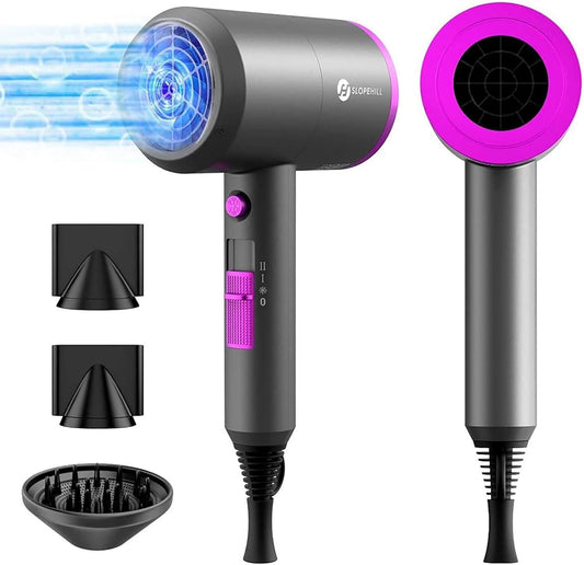 Ion Hair Dryer AC Motor 1800 W Hair Dryer, slopehill Quick Drying Hair Dryer, Salon Hair Dryer with Hot/Cold Button, 3 Hair Dryer Concentrators and Diffuser, 3 Temperature Settings, 2-Speed (Purple) - PuriLite
