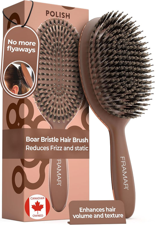 FRAMAR Boar Bristle Hair Brush – Slick Back Hair Brush For Women, Boar Bristle Brush, Slick Back Brush, Hairbrush Women, Brosse a Cheveux, Boar Brush For Volume and Shine – Chocolate - PuriLite