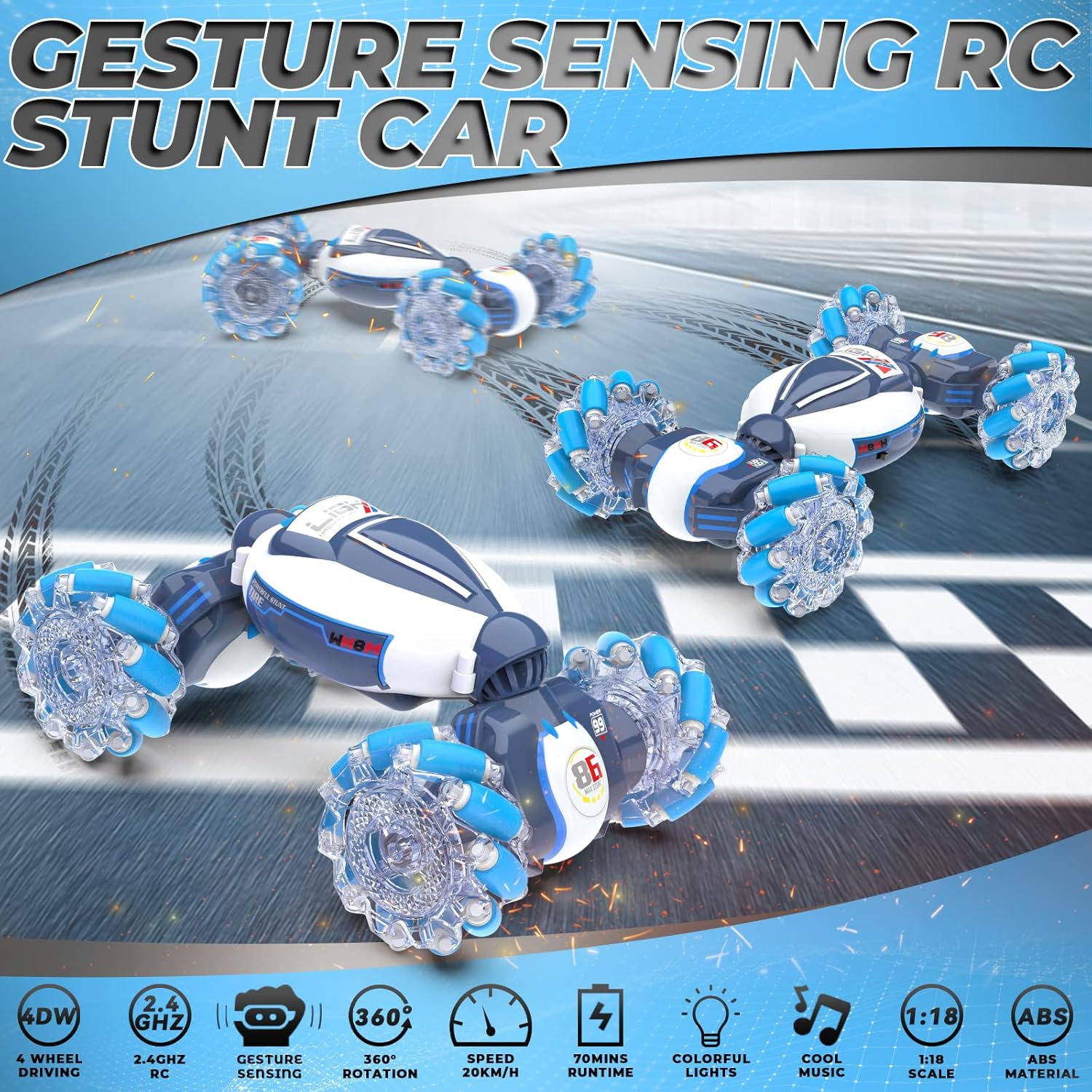 Dysaim Remote Control Car, Gesture Sensing RC Stunt Car Toys, 2.4GHz 4WD RC Drift Car, Creative Gifts for Kids Boys Girls Ages 6+, Double Sided Rotating Off Road Vehicle 360° Flips with Lights Music - PuriLite