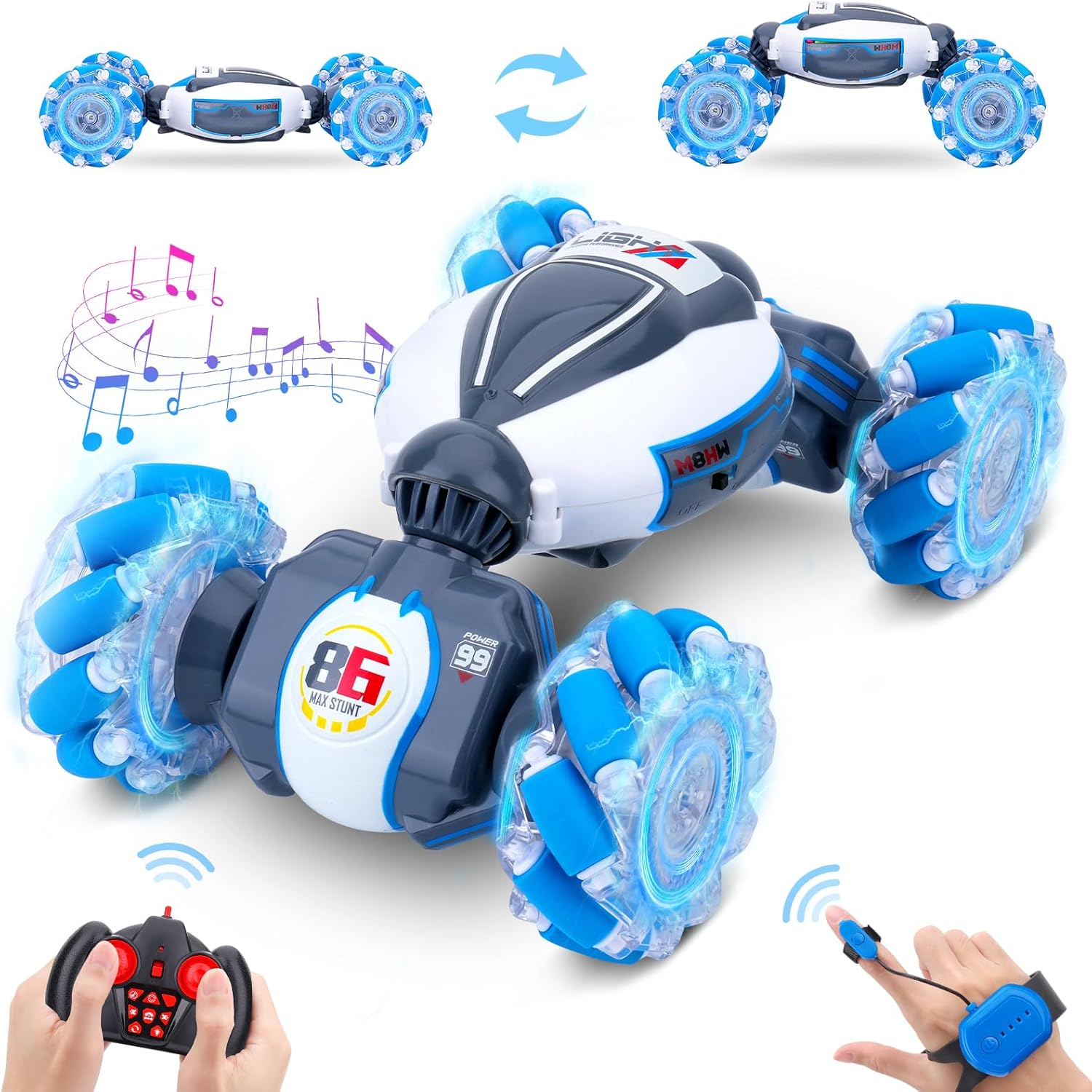 Dysaim Remote Control Car, Gesture Sensing RC Stunt Car Toys, 2.4GHz 4WD RC Drift Car, Creative Gifts for Kids Boys Girls Ages 6+, Double Sided Rotating Off Road Vehicle 360° Flips with Lights Music - PuriLite