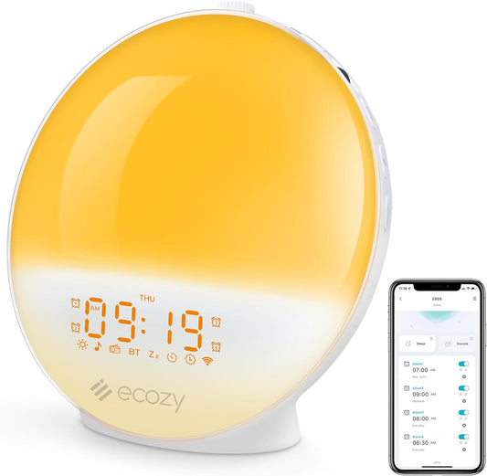 ecozy Sunrise Alarm Clock for Heavy Sleepers, Smart Wake Up Light with Sunrise/Sunset Simulation, App & Voice Controlled, Natural Sounds & FM Radio, 4 Alarms & Snooze, 8 Colors Night Light for Bedroom - PuriLite