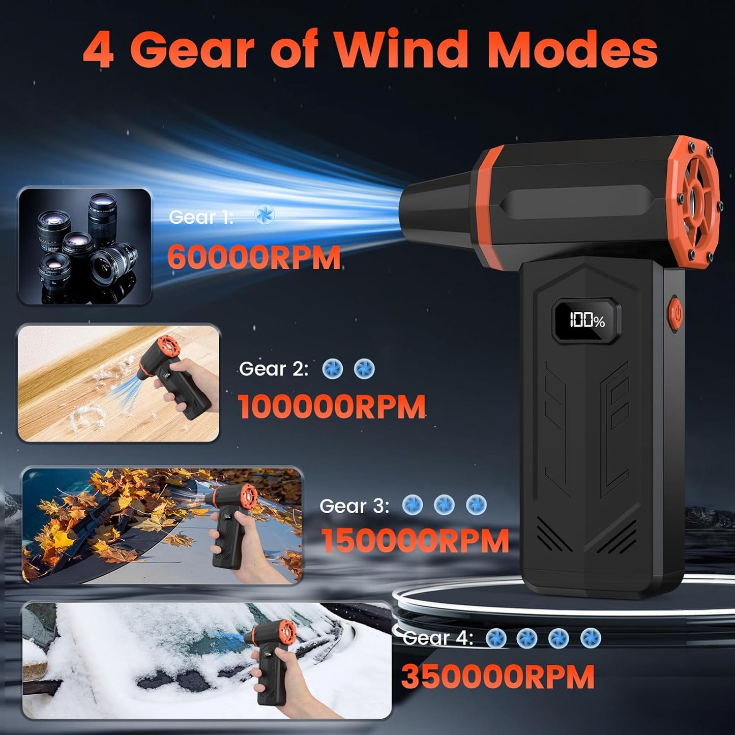 Compressed Air Duster, 350,000RPM Jet Dry Blower with LED Display and Light, 4-Gear Adjustable Mini Air Broom,Turbo Fan for Keyboard, PC, Car and Home,Electric Air Duster Replace Compressed Air Can - PuriLite