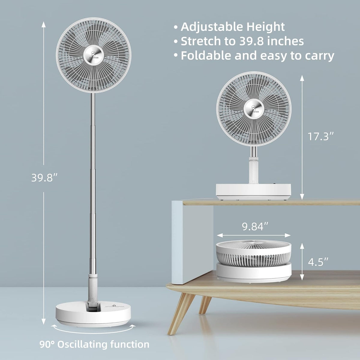 CooCoCo 10" Battery Operated Fan, Portable Travel Fan for Sleeping, Oscillating Fan with Remote Control, Cordless Rechargeable Pedestal Fan, Standing Fan for Bedroom, Home, Office, Dorm - PuriLite