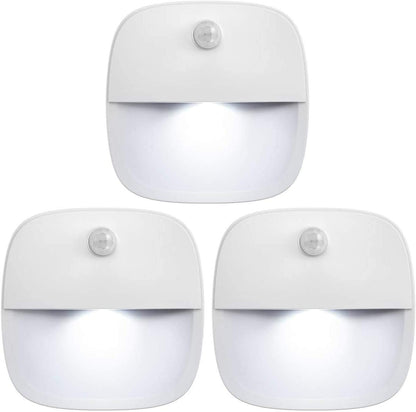 (upgraded) motion sensor light, cordless battery powered LED night light, wall light, closet light, security light for stairs, hallways, bathrooms, kitchens, cabinets (white - 3 pack) - PuriLite