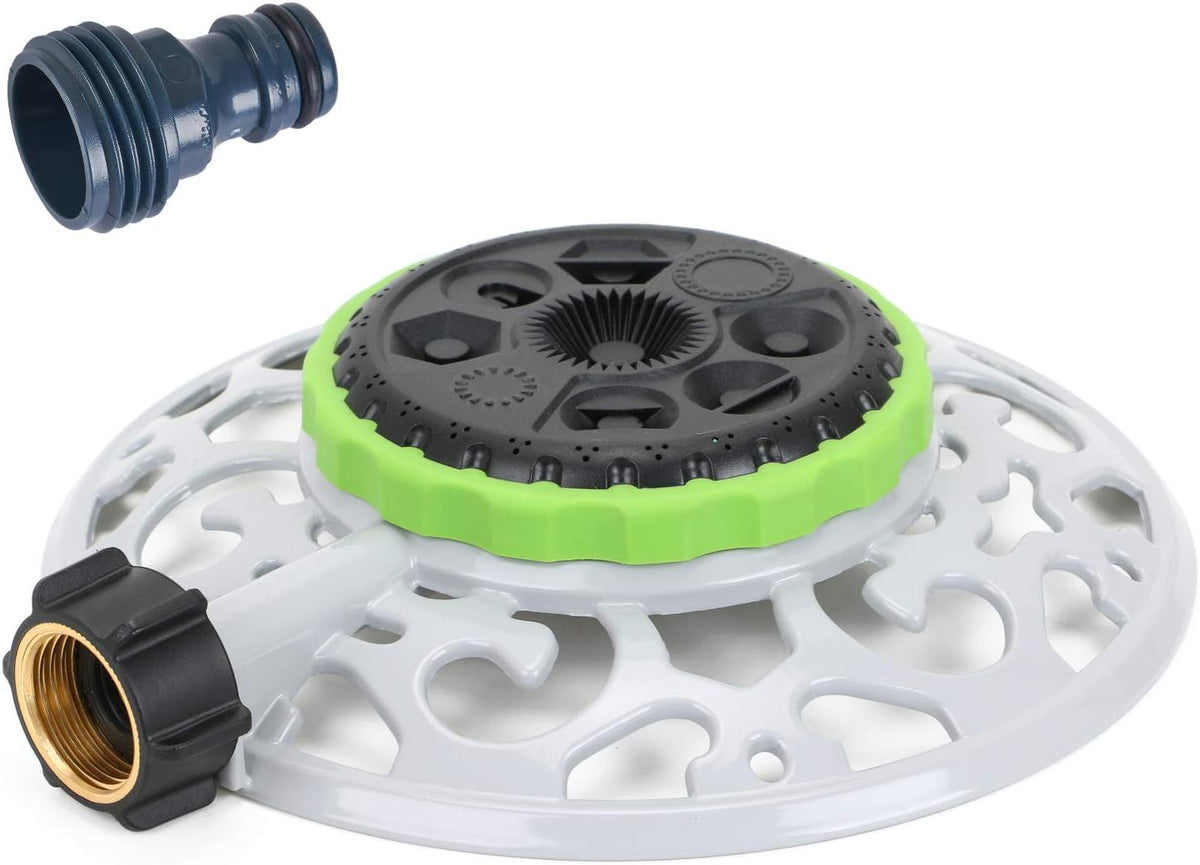 STYDDI Turret Sprinkler, 8-Pattern Stationary Metal Garden Sprinkler with QuickConnect Product Adapter for Small Areas, Gardens, or Odd Shaped Yards - PuriLite
