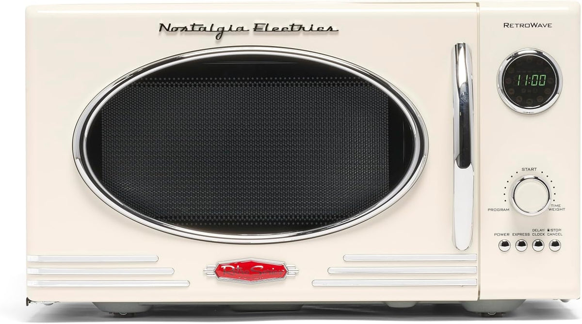 Nostalgia Retro Countertop Microwave Oven - Large 800-Watt - 0.9 cu ft - 12 Pre-Programmed Cooking Settings - Digital Clock - Kitchen Appliances - Ivory - PuriLite