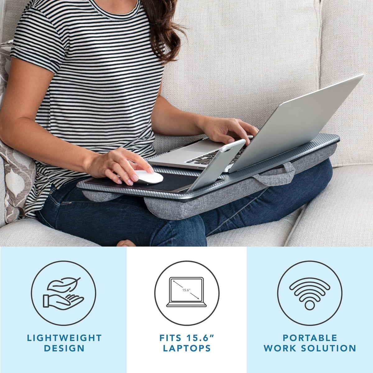 LAPGEAR Home Office Lap Desk with Device Ledge, Mouse Pad, and Phone Holder - Silver Carbon - Fits up to 15.6 Inch Laptops - Style No. 91585 - PuriLite