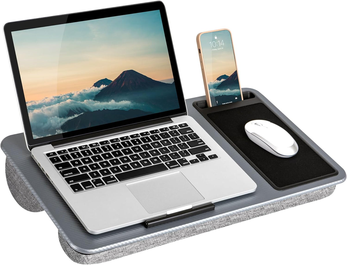 LAPGEAR Home Office Lap Desk with Device Ledge, Mouse Pad, and Phone Holder - Silver Carbon - Fits up to 15.6 Inch Laptops - Style No. 91585 - PuriLite