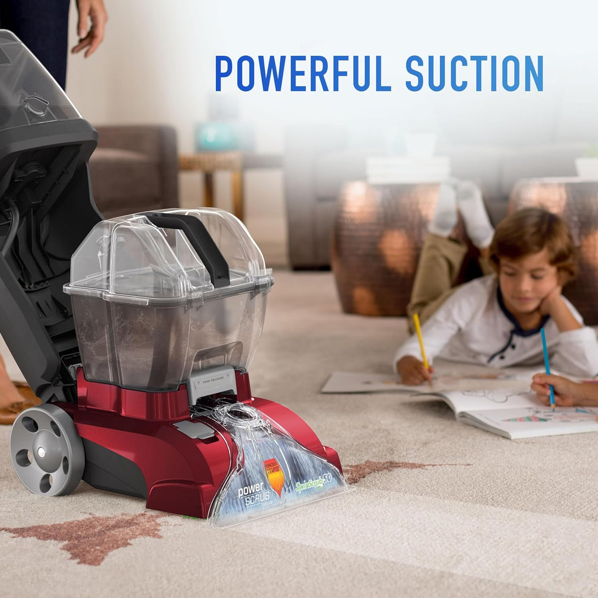 Hoover Power Scrub Deluxe Carpet Cleaner Machine, Upright Shampooer, FH50150, Red - PuriLite