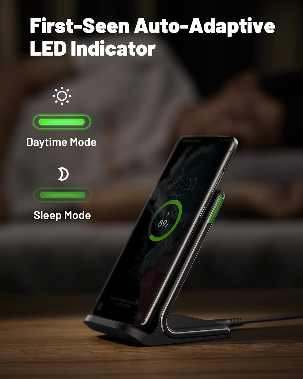 INIU Wireless Charger, 15W Qi Certified Fast Wireless Charging Stand with Sleep-Friendly Adaptive Light for iPhone 16 15 14 13 12 Pro Max Plus Samsung Galaxy S23 S22 Ultra S21 S20 Note 20 Google etc - PuriLite