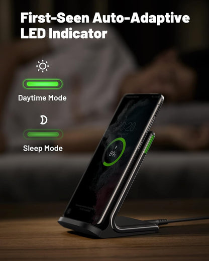 INIU Wireless Charger, 15W Qi Certified Fast Wireless Charging Stand with Sleep-Friendly Adaptive Light for iPhone 16 15 14 13 12 Pro Max Plus Samsung Galaxy S23 S22 Ultra S21 S20 Note 20 Google etc - PuriLite