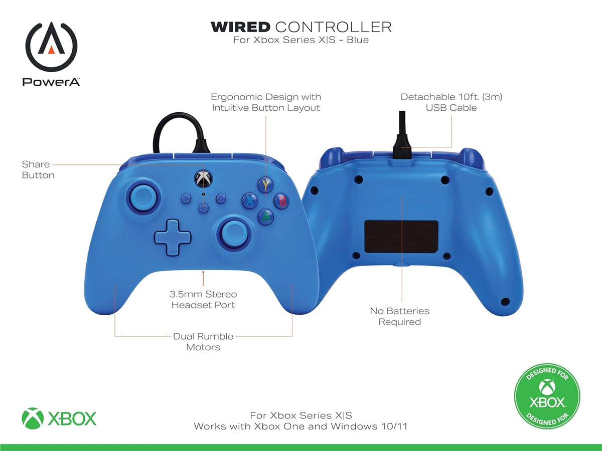 PowerA Wired Controller for Xbox Series X|S - Blue, gamepad, video game/gaming controller, works with Xbox One, Officially Licensed - PuriLite