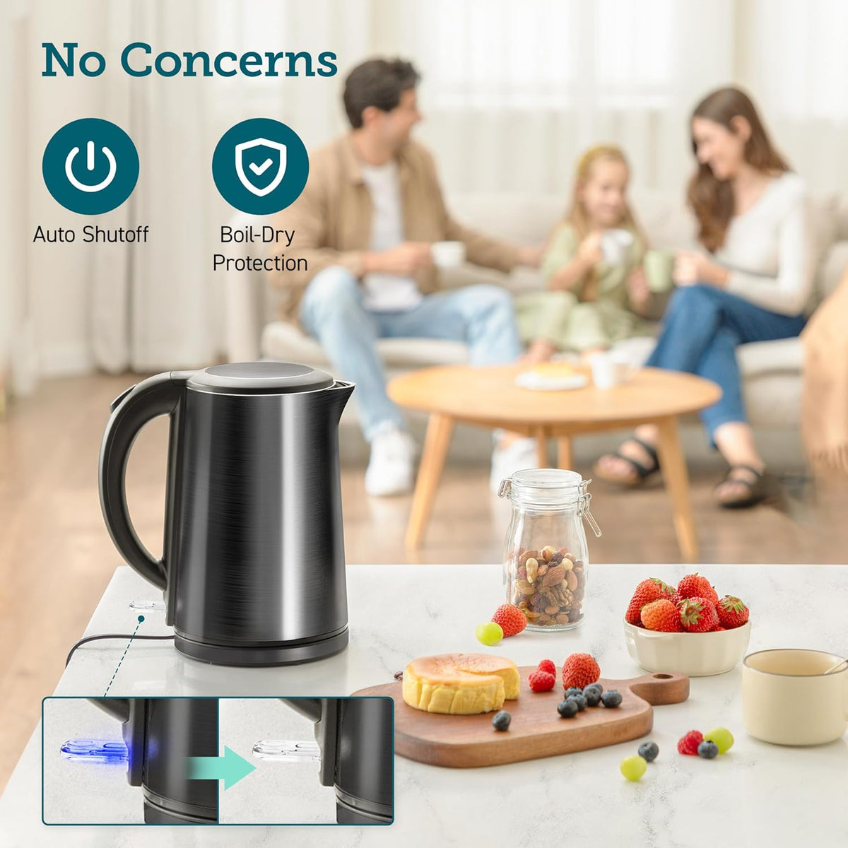 COSORI Electric Kettle Stainless Steel, Cordless,1500W Fast Boiling Water, Auto Shut-Off & Boil-Dry Protection, 1.5L Wide-Open Lid Electric Tea Kettle, Double Wall, Black - PuriLite