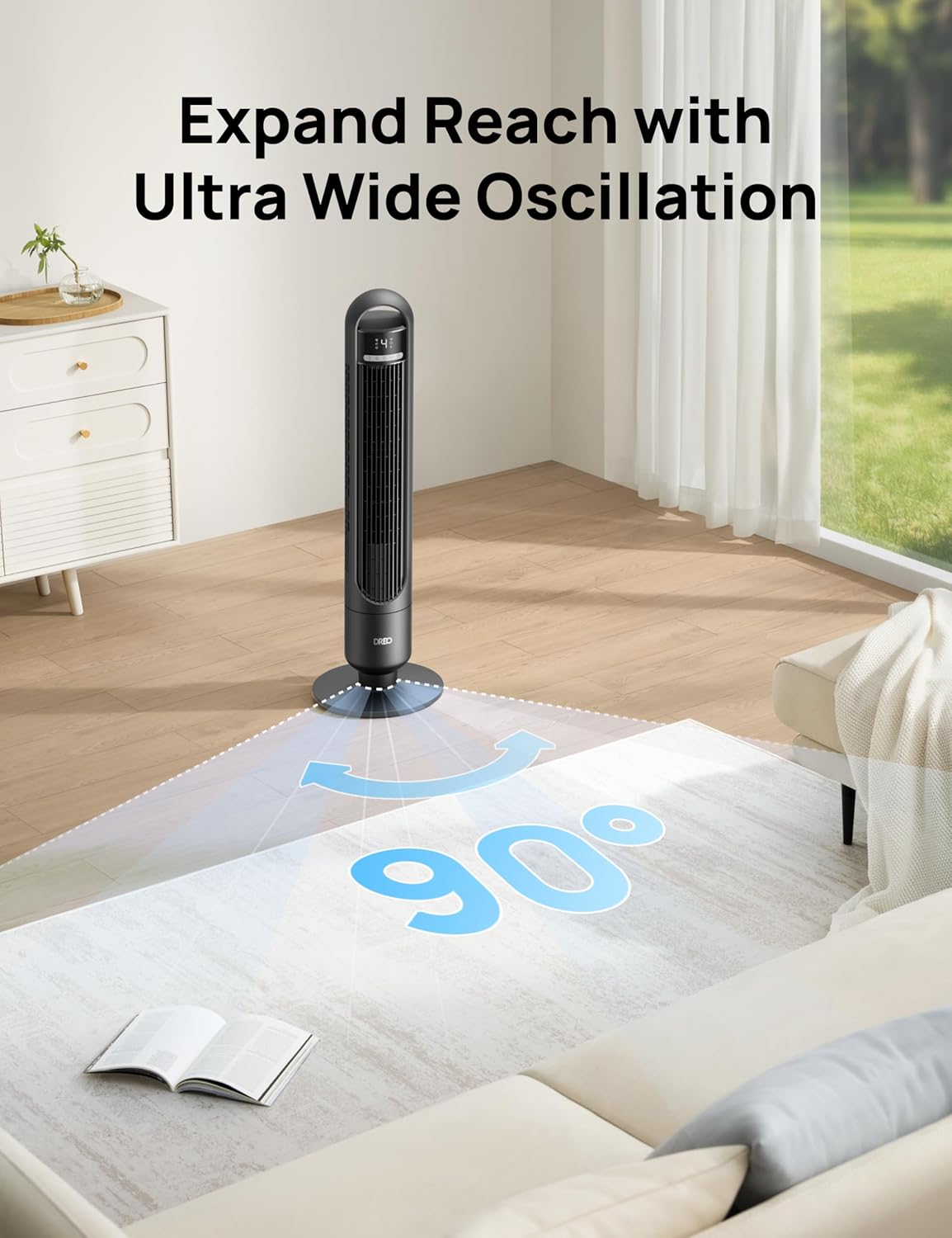 Dreo Tower Fan for Bedroom, 90° Oscillating Standing Fans for Room with 4 Speeds, 3 Modes, 28dB Quiet for Sleep, 25ft/s Velocity, 8H Timer, Remote, Living Room, Office, Home, Black, TF117 - PuriLite