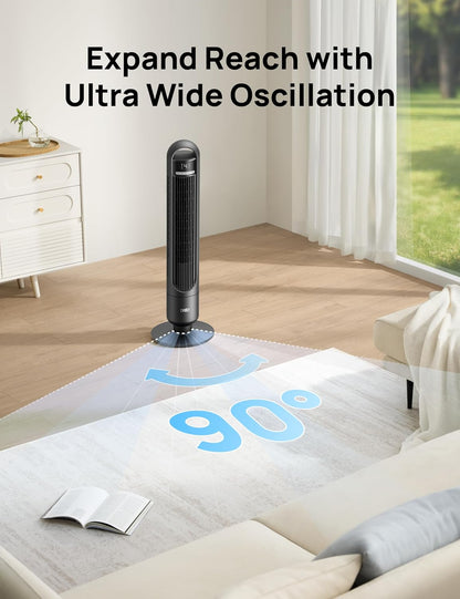 Dreo Tower Fan for Bedroom, 90° Oscillating Standing Fans for Room with 4 Speeds, 3 Modes, 28dB Quiet for Sleep, 25ft/s Velocity, 8H Timer, Remote, Living Room, Office, Home, Black, TF117 - PuriLite