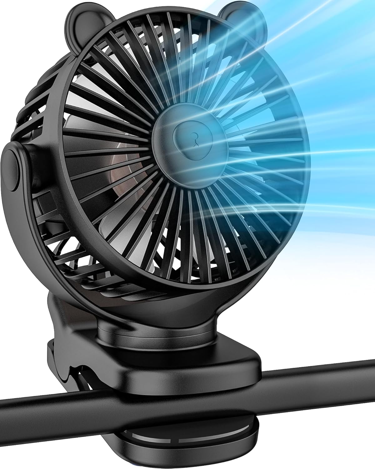 Portable Clip on Fan for Stroller & Desk - Compact & Lightweight, 360° Rotation, 3 Speed Adjustable - Sleek Cute Bear Design Battery Operated for Home, Office, Travel - Black - PuriLite