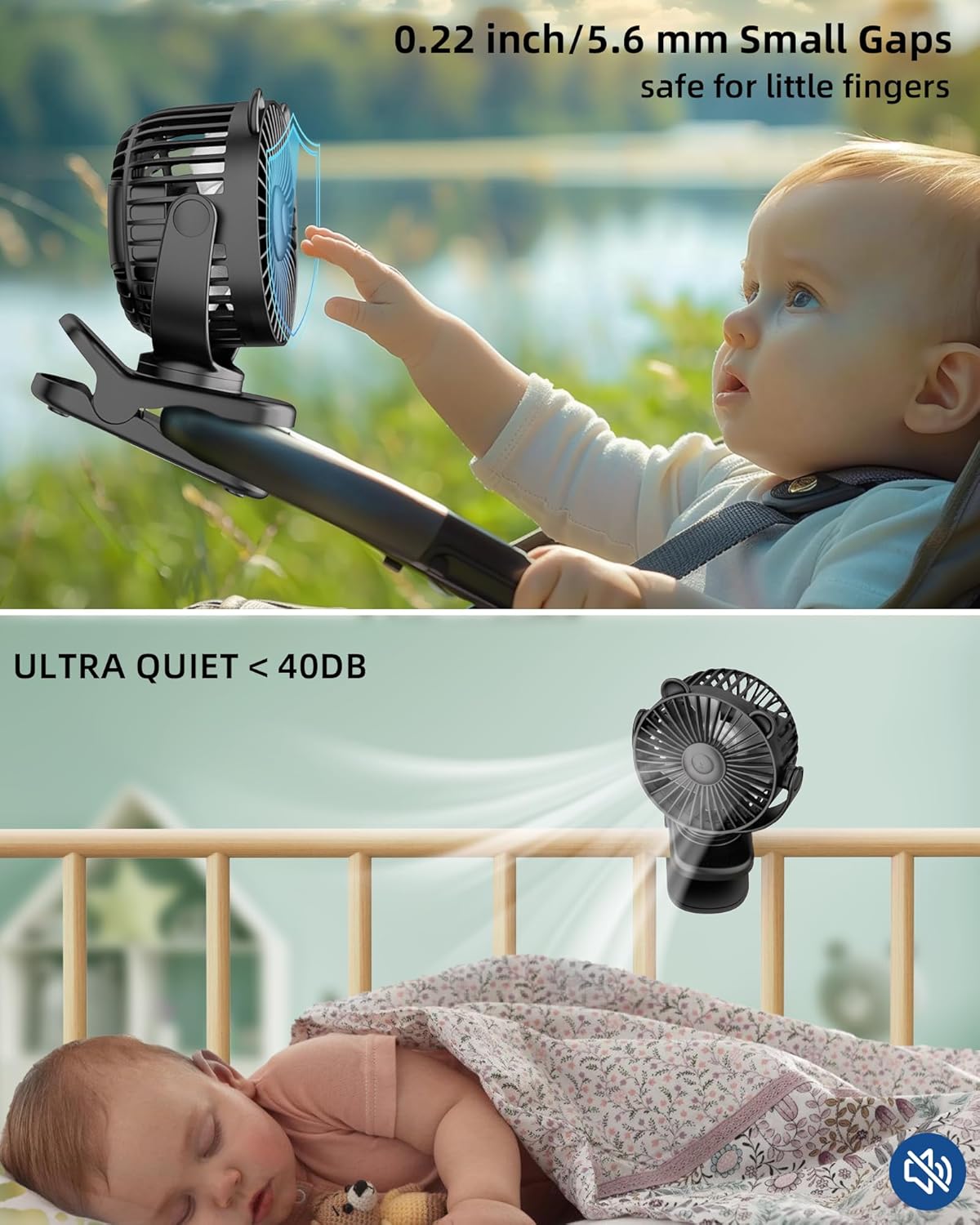 Portable Clip on Fan for Stroller & Desk - Compact & Lightweight, 360° Rotation, 3 Speed Adjustable - Sleek Cute Bear Design Battery Operated for Home, Office, Travel - Black - PuriLite