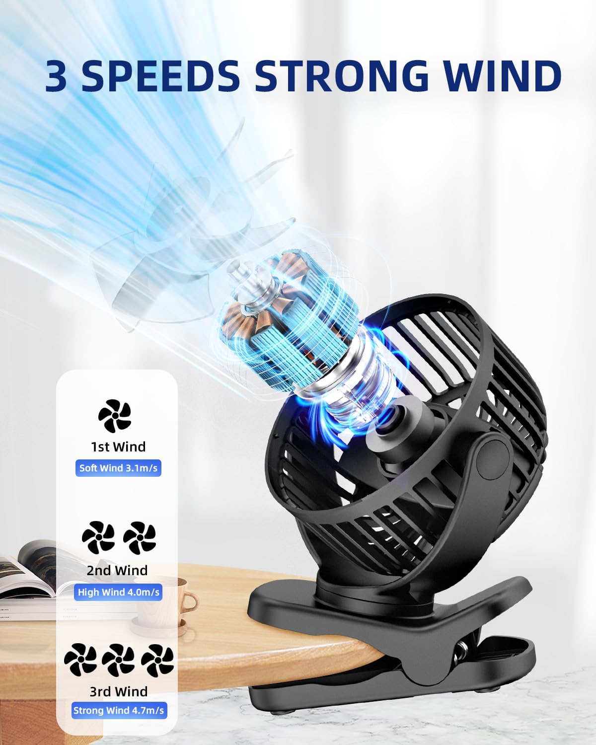 Portable Clip on Fan for Stroller & Desk - Compact & Lightweight, 360° Rotation, 3 Speed Adjustable - Sleek Cute Bear Design Battery Operated for Home, Office, Travel - Black - PuriLite