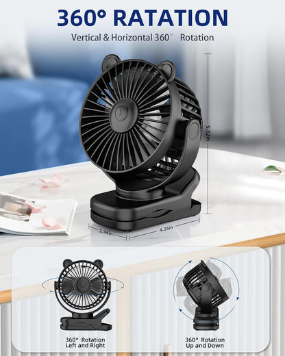 Portable Clip on Fan for Stroller & Desk - Compact & Lightweight, 360° Rotation, 3 Speed Adjustable - Sleek Cute Bear Design Battery Operated for Home, Office, Travel - Black - PuriLite