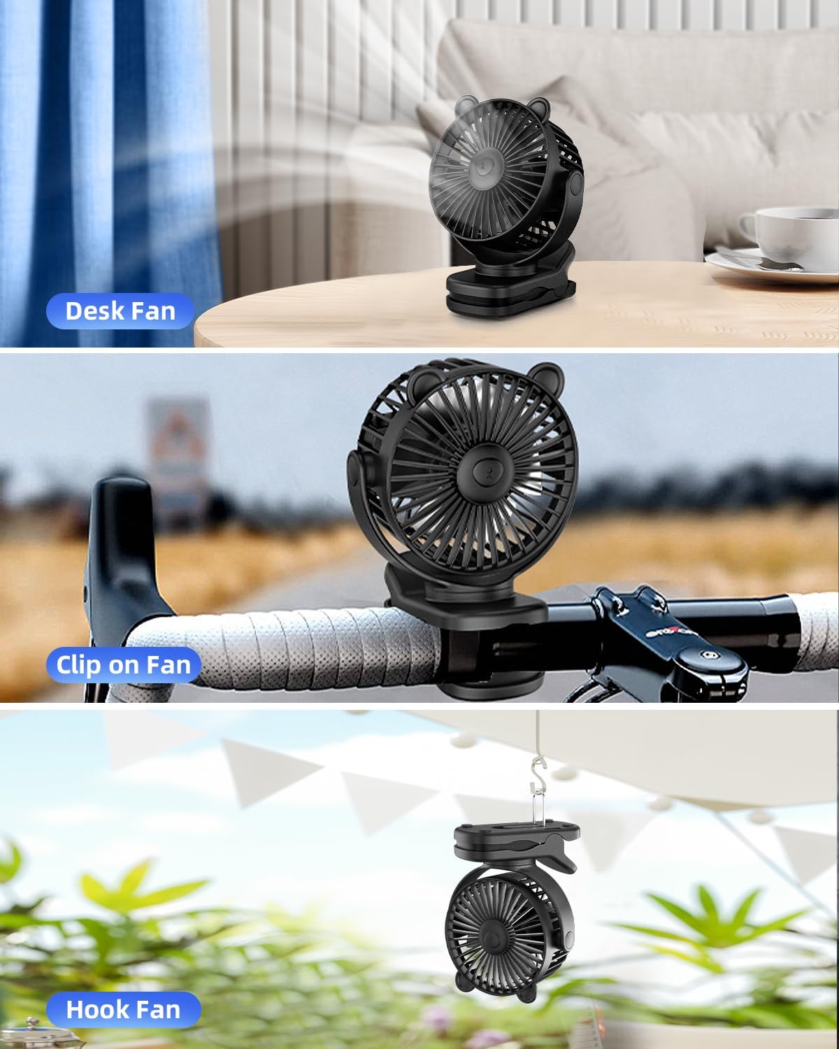 Portable Clip on Fan for Stroller & Desk - Compact & Lightweight, 360° Rotation, 3 Speed Adjustable - Sleek Cute Bear Design Battery Operated for Home, Office, Travel - Black - PuriLite