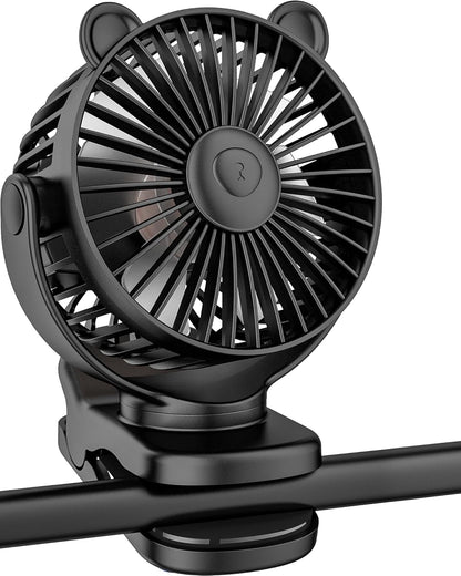 Portable Clip on Fan for Stroller & Desk - Compact & Lightweight, 360° Rotation, 3 Speed Adjustable - Sleek Cute Bear Design Battery Operated for Home, Office, Travel - Black - PuriLite