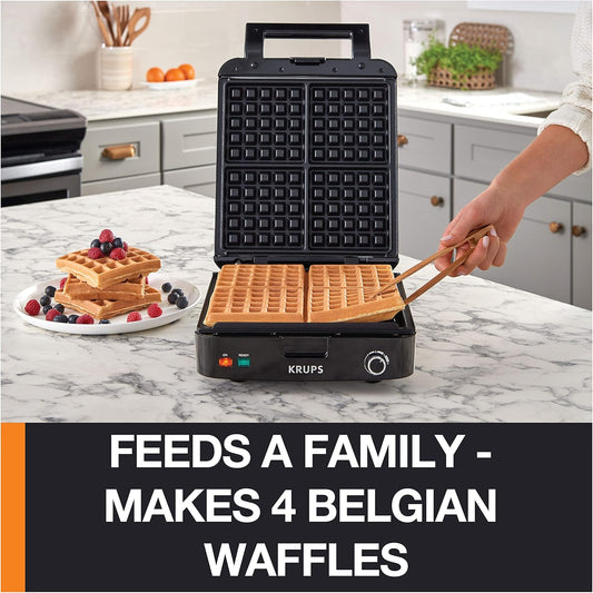 Krups Breakfast Set Stainless Steel Waffle Maker 4 Slices Audible "Ready" Beep, 1200 Watts Square, 5 Browning Levels, Removable Plates, Dishwasher Safe, Belgian Waffle Silver and Black - PuriLite