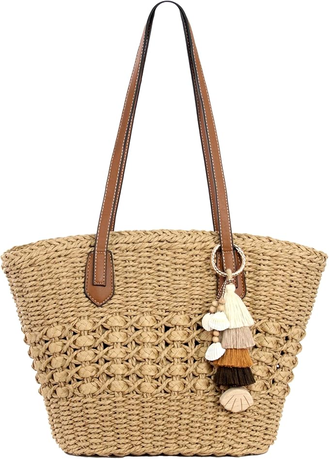RUNROLE Straw Handbags with Tassel Hat Clip for Travel, Handmade Summer Raffia Totes, Hobo Shoulder Bag Purse for Women - PuriLite